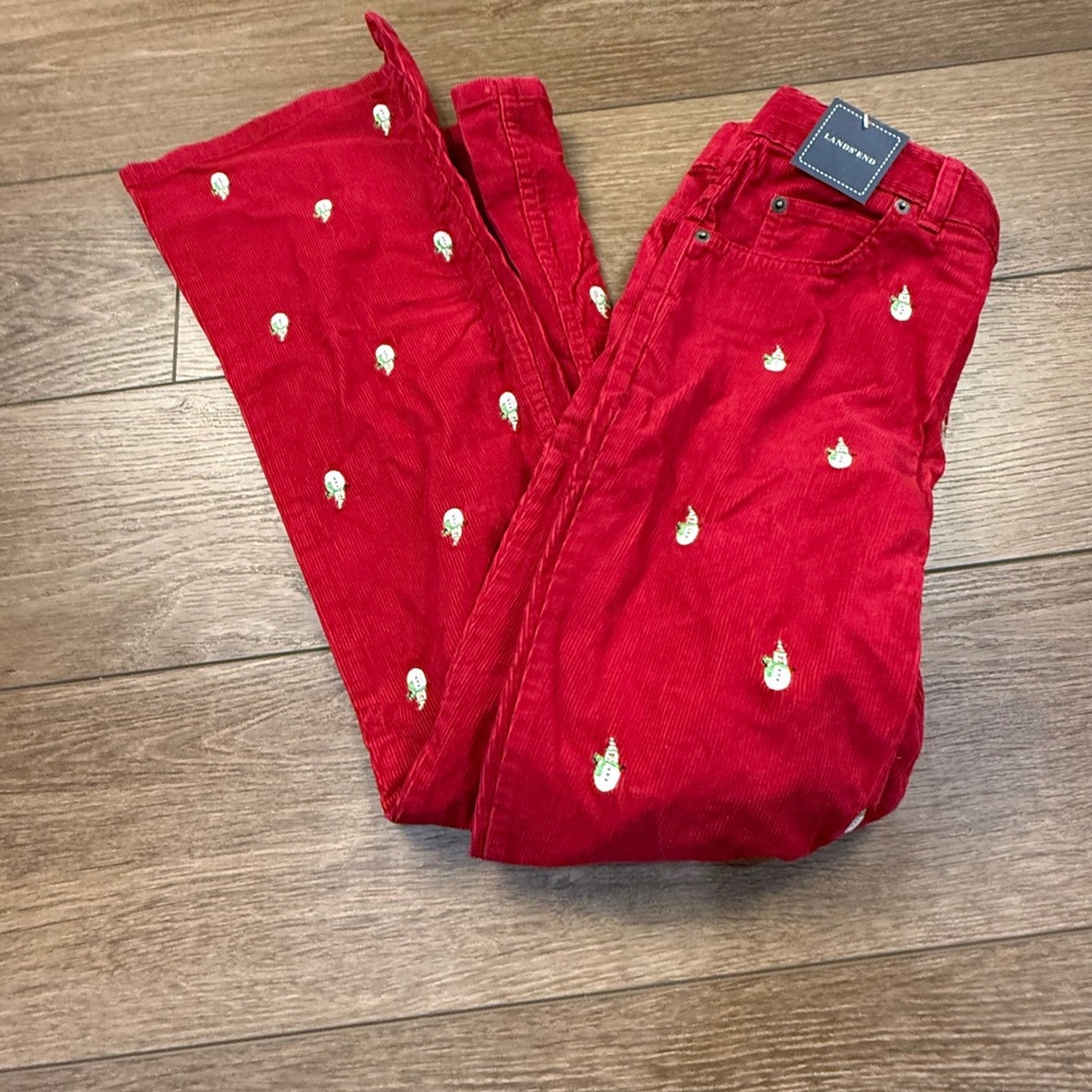Lands End Girls Snowman Embroidered Red Corduroy Pants NWT Size 14 Holiday